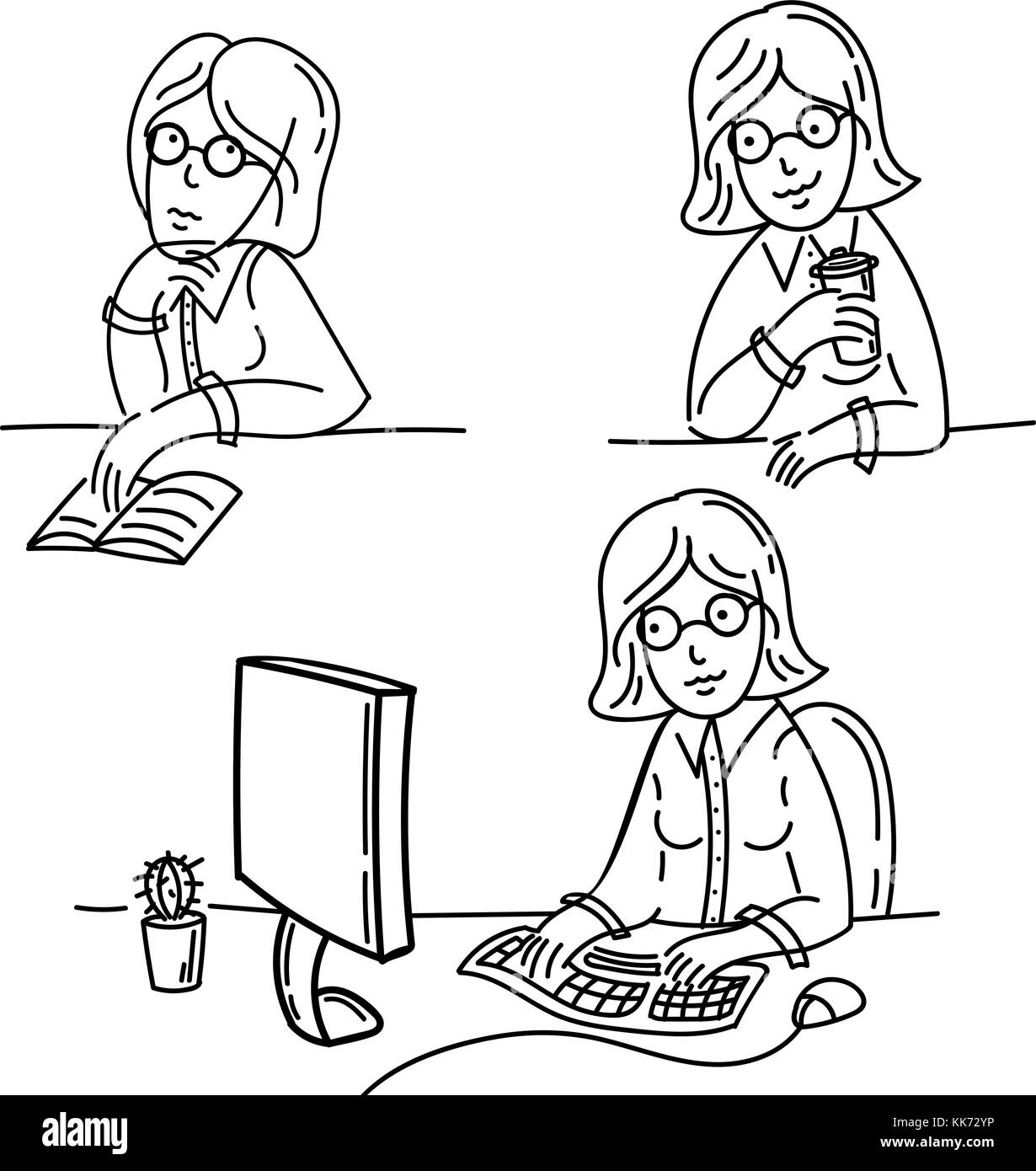 Offres fille travaille sur ordinateur. Jeune femme boit du thé, Travaux publics et lit livre en noir et blanc. Illustration de Vecteur