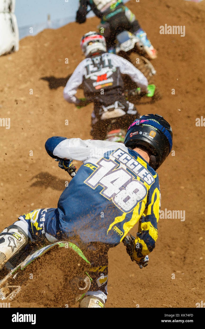 Michael sur l'Eccles Kawasaki MX2 au Championnat britannique 2017 réunion à Cadders Hill, Lyng, Norfolk, Royaume-Uni. Banque D'Images