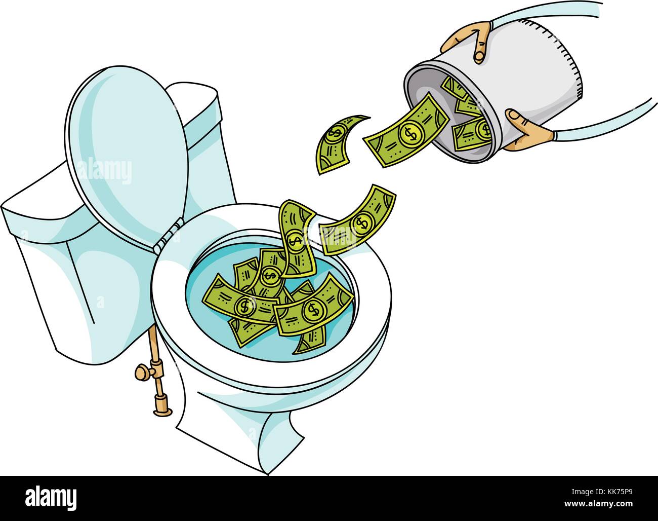 Une caricature d'un seau d'argent en espèces dans un endroit propre, toilettes en porcelaine blanche. Illustration de Vecteur