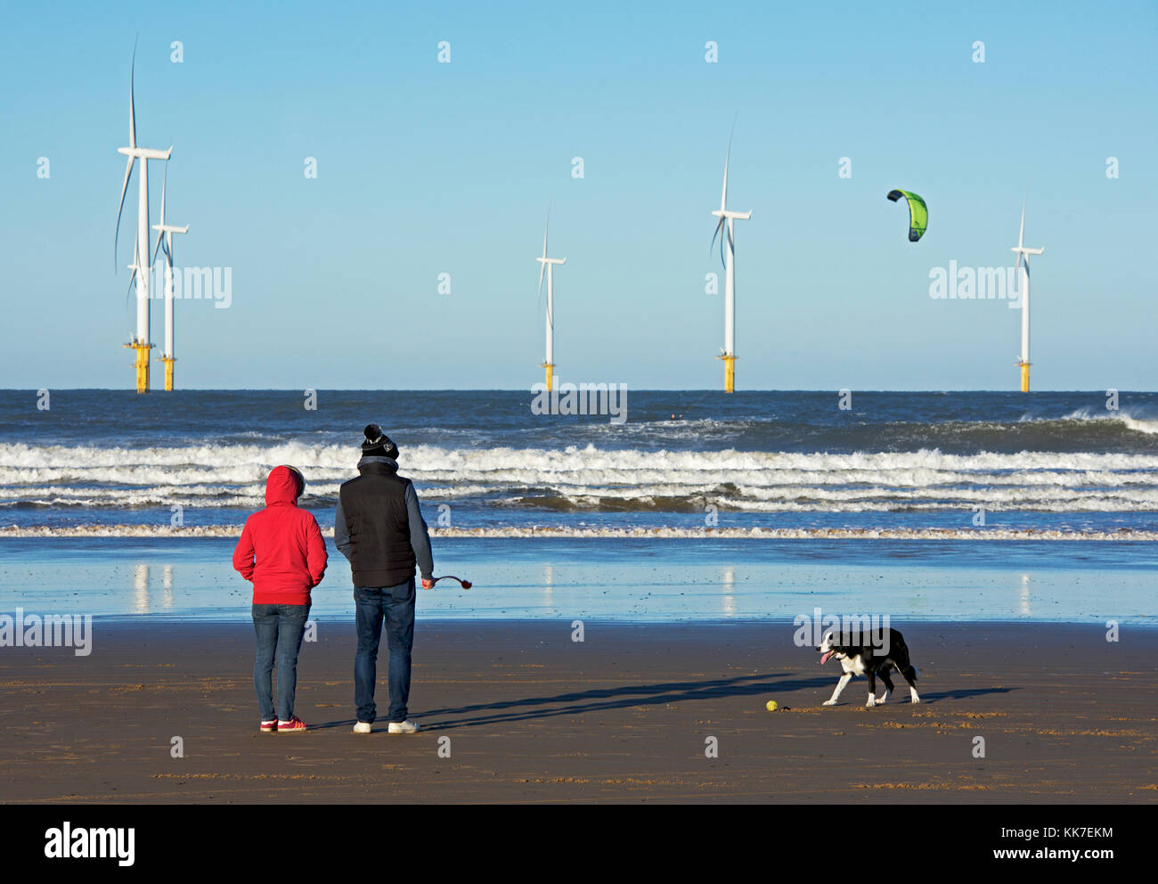 Au parc éolien offshore de Redcar, North Yorkshire, England UK Banque D'Images