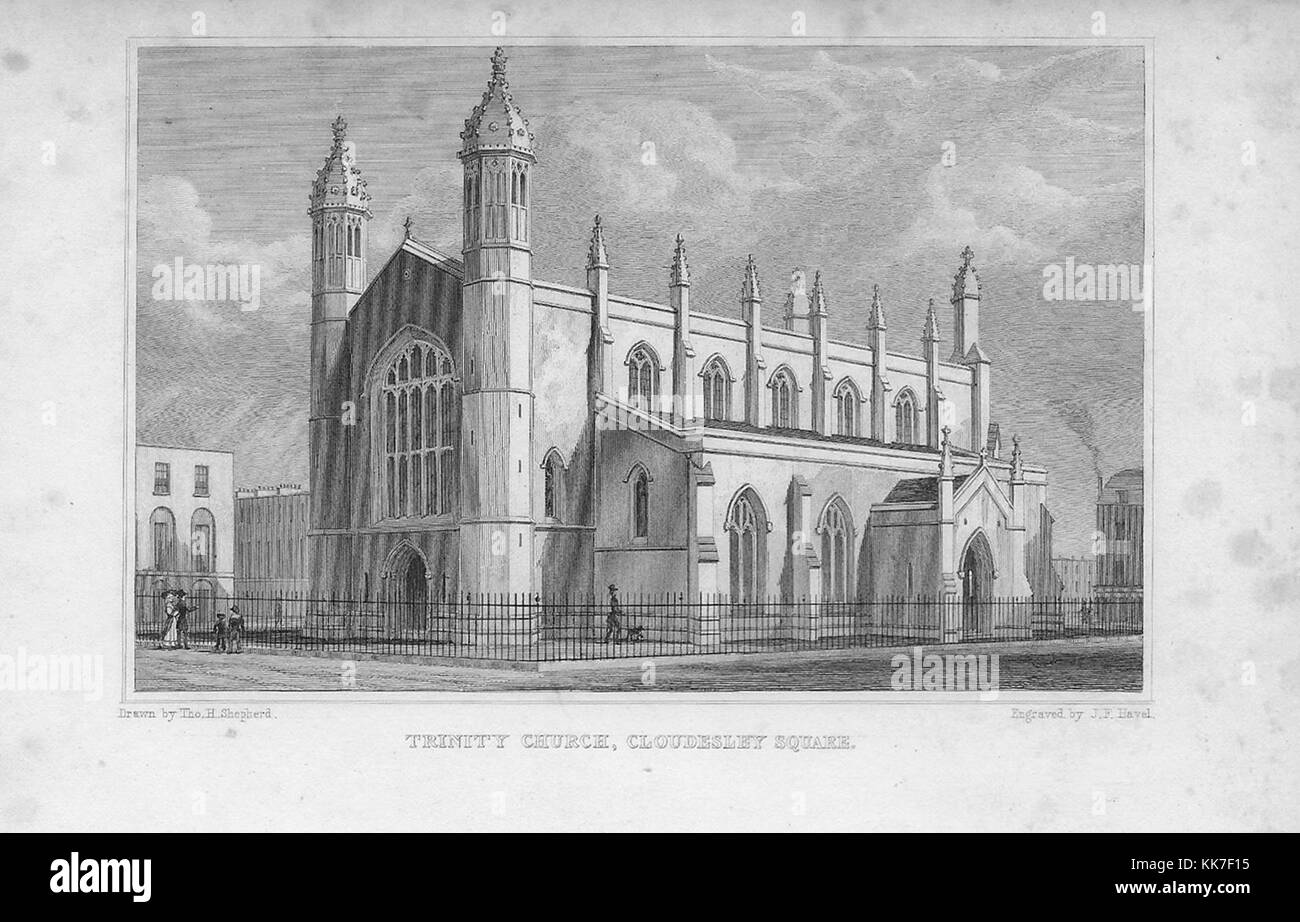 L'église Trinity, Cloudesley Square, gravure de 'Metropolitan améliorations, ou de Londres au xixe siècle' London, England, UK 1828 Banque D'Images