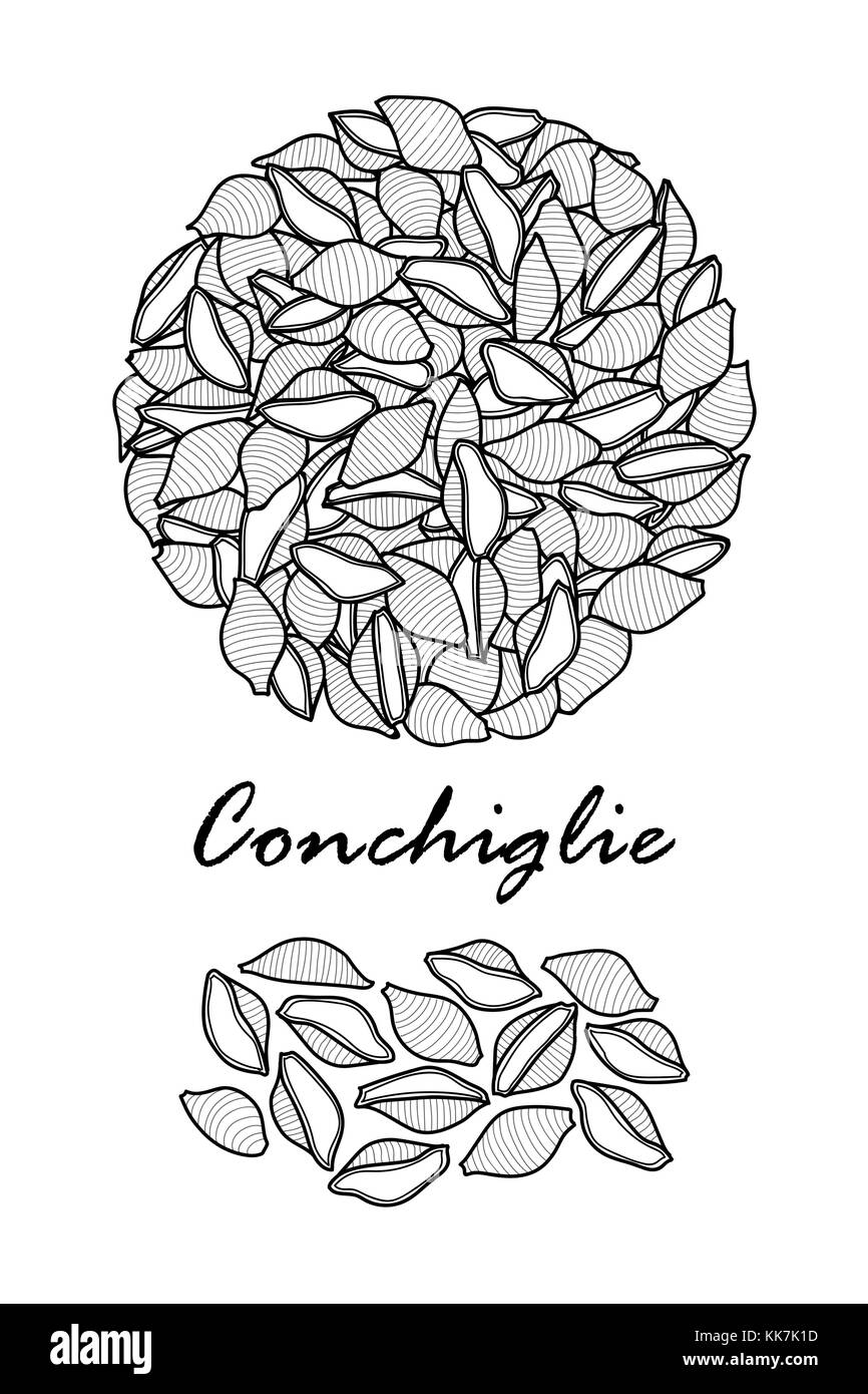 La conception de l'affiche pour les pâtes italiennes traditionnelles, conchiglie au contour noir et blanc avion sur fond blanc. cute hand drawn vector illustration alimentaire Illustration de Vecteur