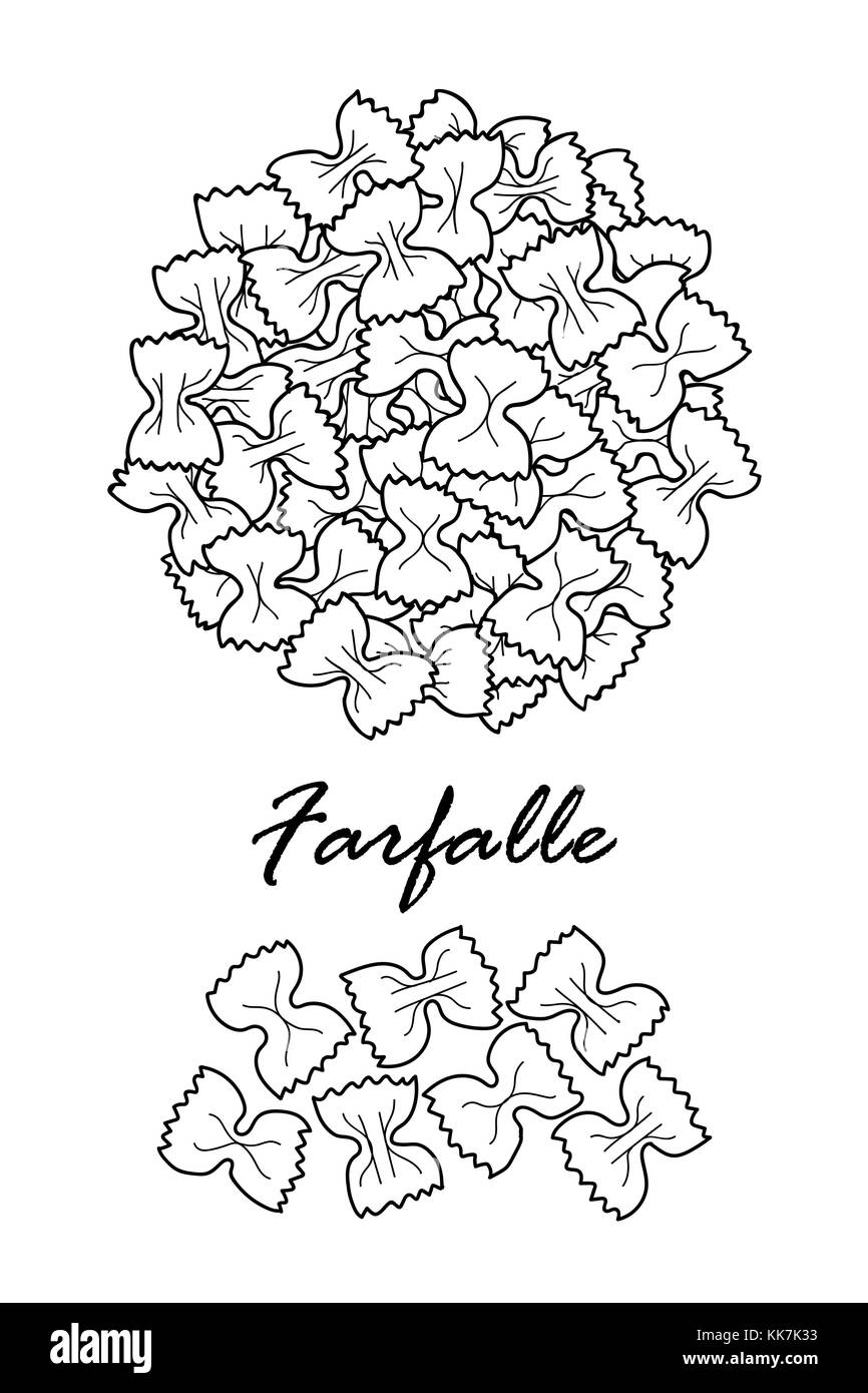 La conception de l'affiche pour les pâtes italiennes traditionnelles, farfalle au contour noir et blanc avion sur fond blanc. cute vector illustration alimentaire dessiné à la main. Illustration de Vecteur