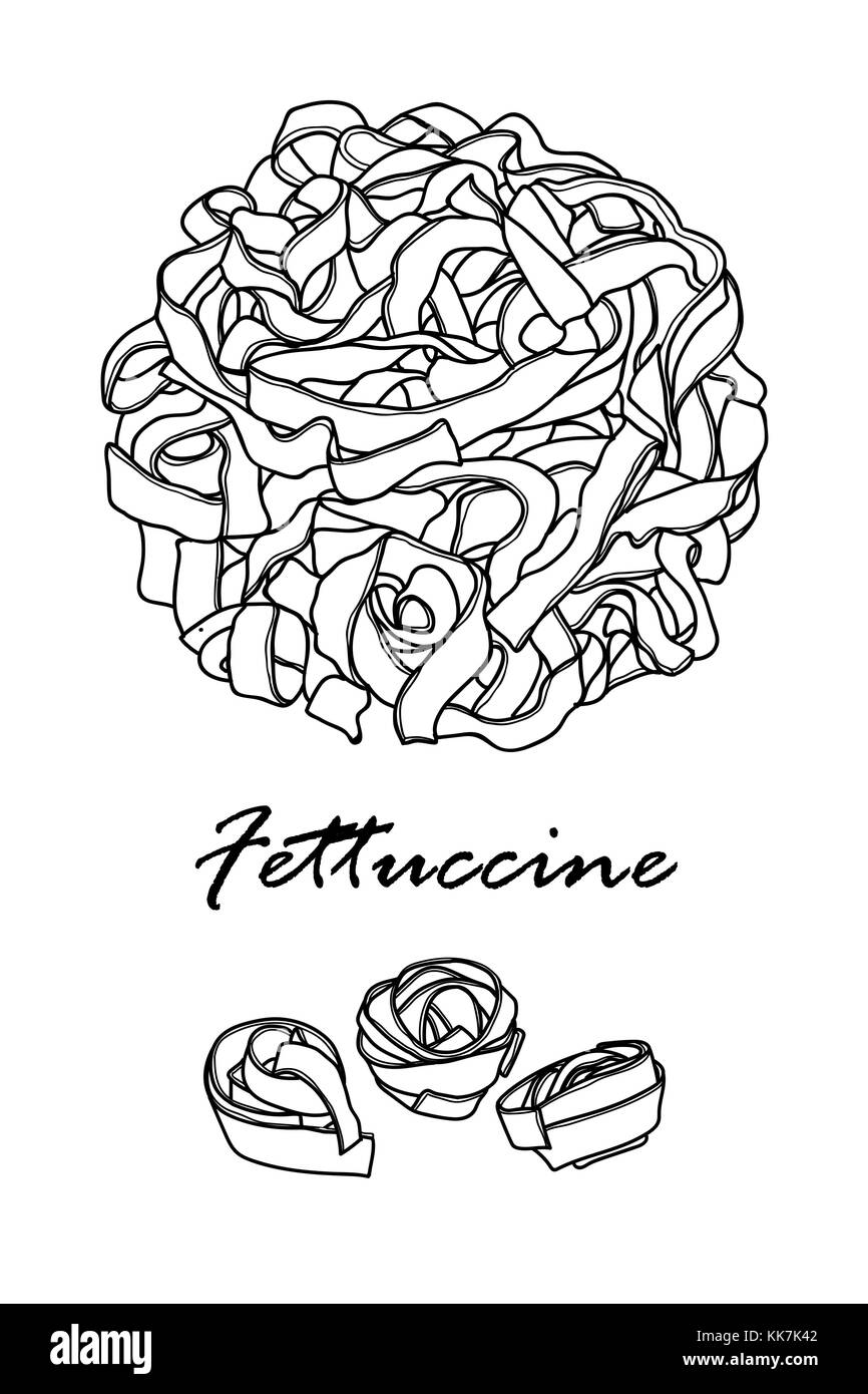 La conception de l'affiche pour les pâtes italiennes traditionnelles, fettuccine au contour noir et blanc avion sur fond blanc. cute hand drawn vector illustration alimentaire Illustration de Vecteur