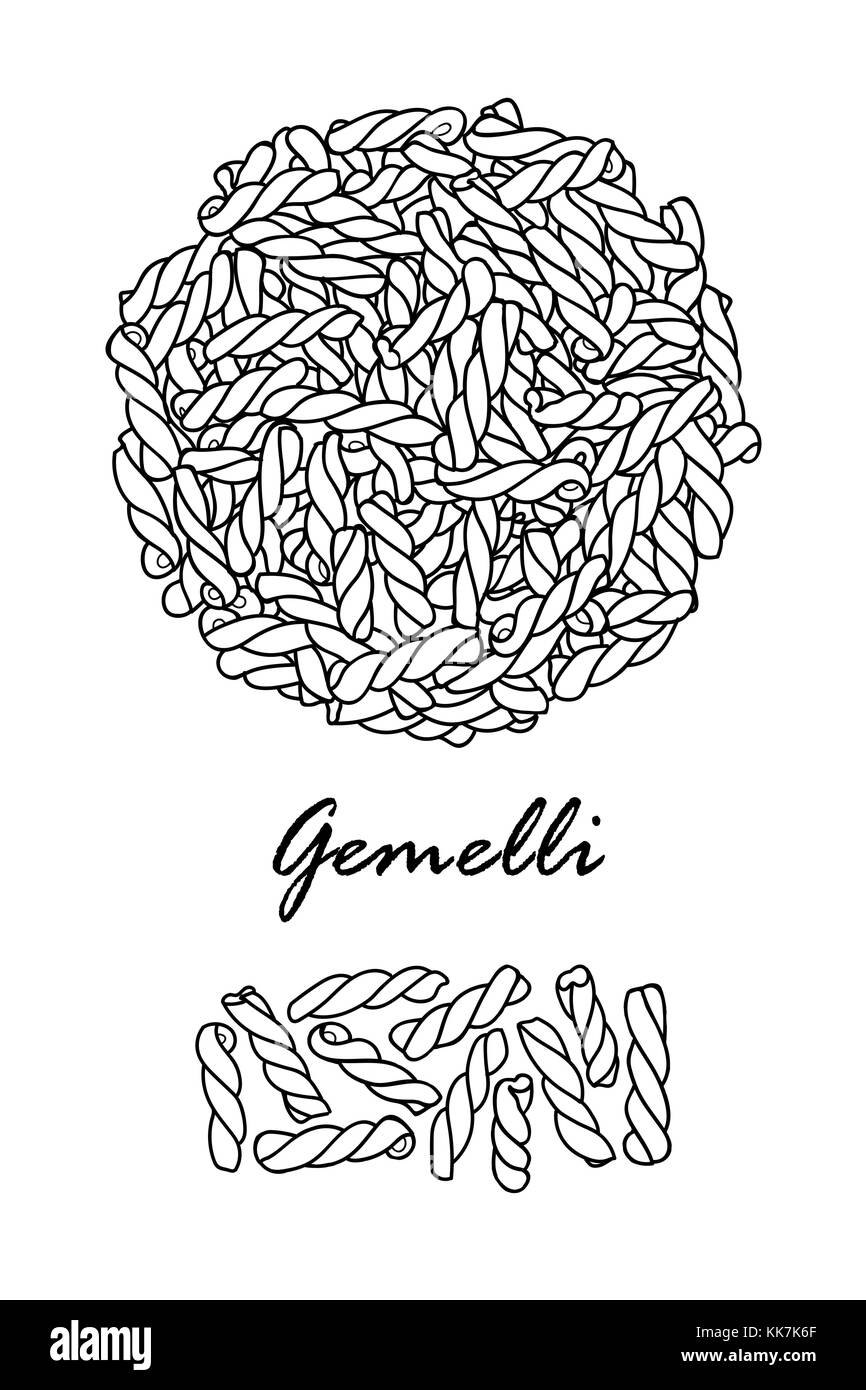 La conception de l'affiche pour les pâtes italiennes traditionnelles, gemelli en contour noir et blanc avion sur fond blanc. cute vector illustration alimentaire dessiné à la main. Illustration de Vecteur