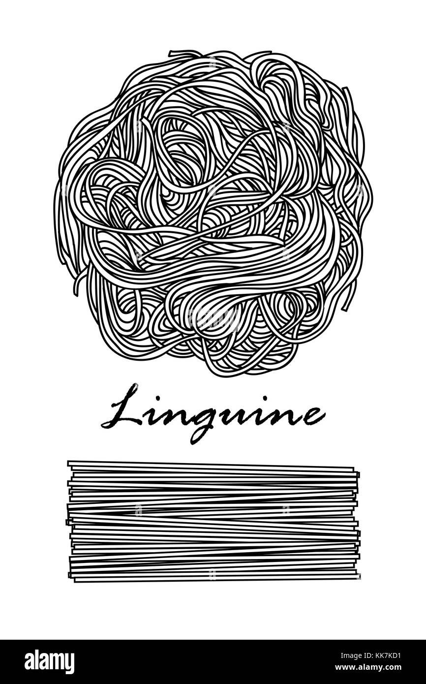La conception de l'affiche pour les pâtes italiennes traditionnelles, linguine au contour noir et blanc avion sur fond blanc. cute vector illustration alimentaire dessiné à la main. Illustration de Vecteur