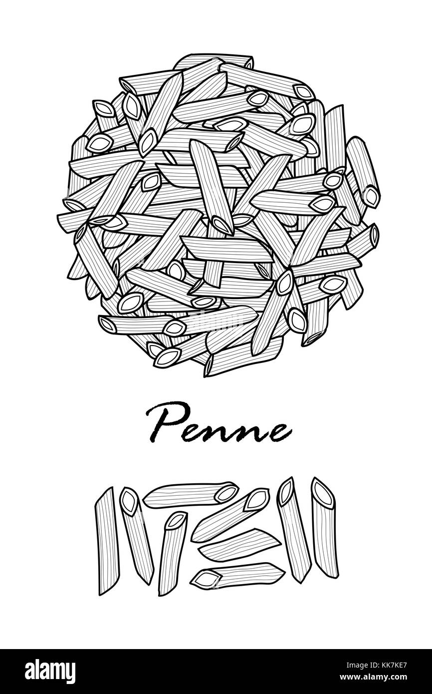 La conception de l'affiche pour les pâtes italiennes traditionnelles, penne au contour noir et blanc avion sur fond blanc. cute vector illustration alimentaire dessiné à la main. Illustration de Vecteur