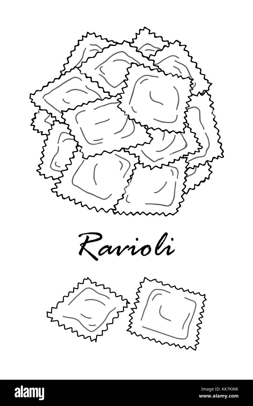 La conception de l'affiche pour les pâtes italiennes traditionnelles, ravioli au contour noir et blanc avion sur fond blanc. cute vector illustration alimentaire dessiné à la main. Illustration de Vecteur