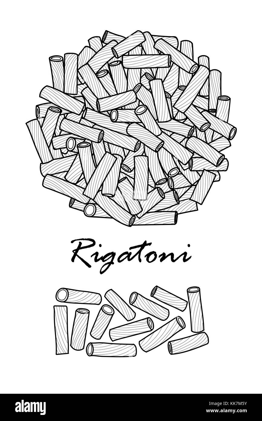 La conception de l'affiche pour les pâtes italiennes traditionnelles, rigatoni au contour noir et blanc avion sur fond blanc. cute vector illustration alimentaire dessiné à la main. Illustration de Vecteur