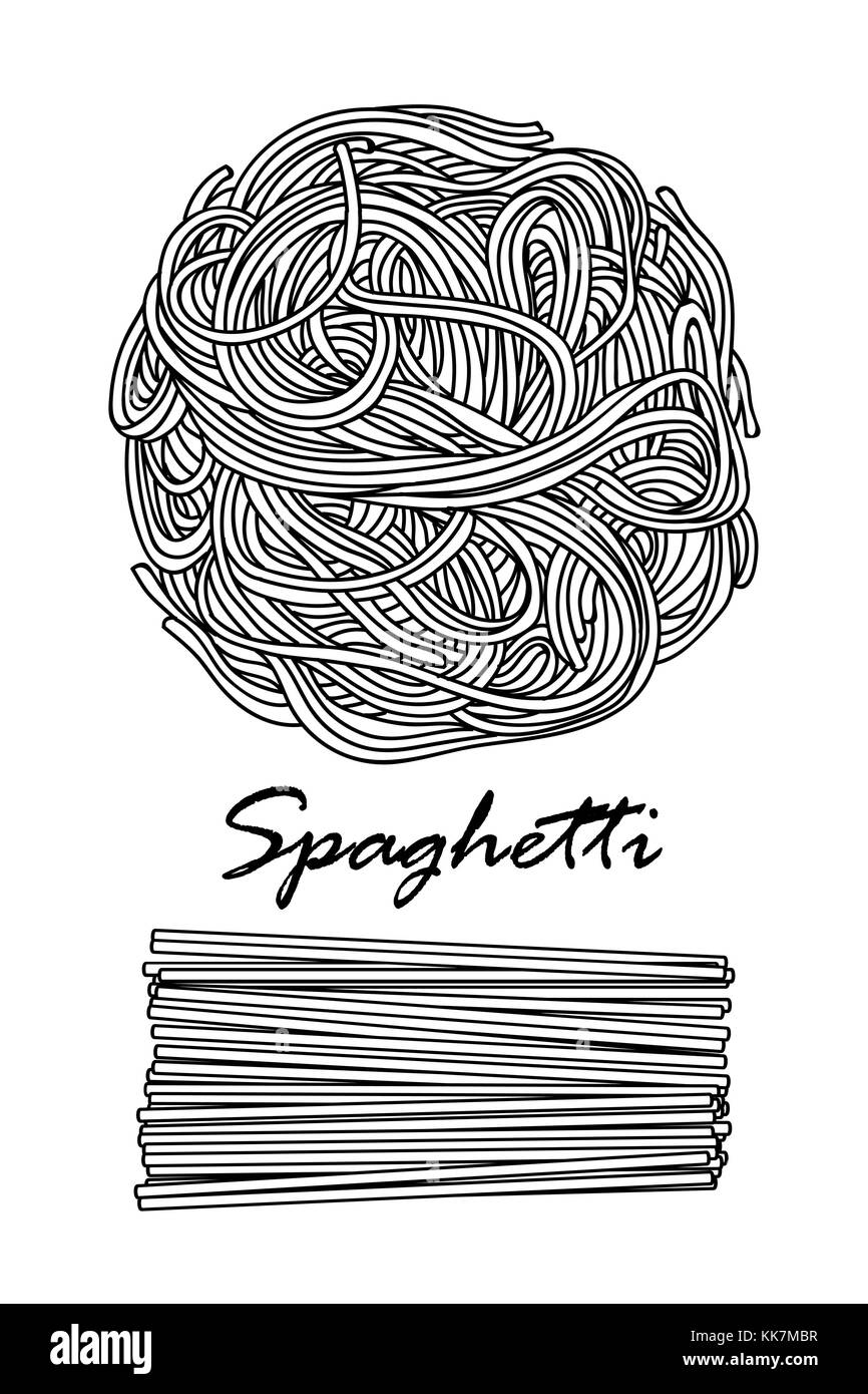 La conception de l'affiche pour les pâtes italiennes traditionnelles, spaghetti dans contour noir et blanc avion sur fond blanc. cute vector illustration alimentaire dessiné à la main. Illustration de Vecteur
