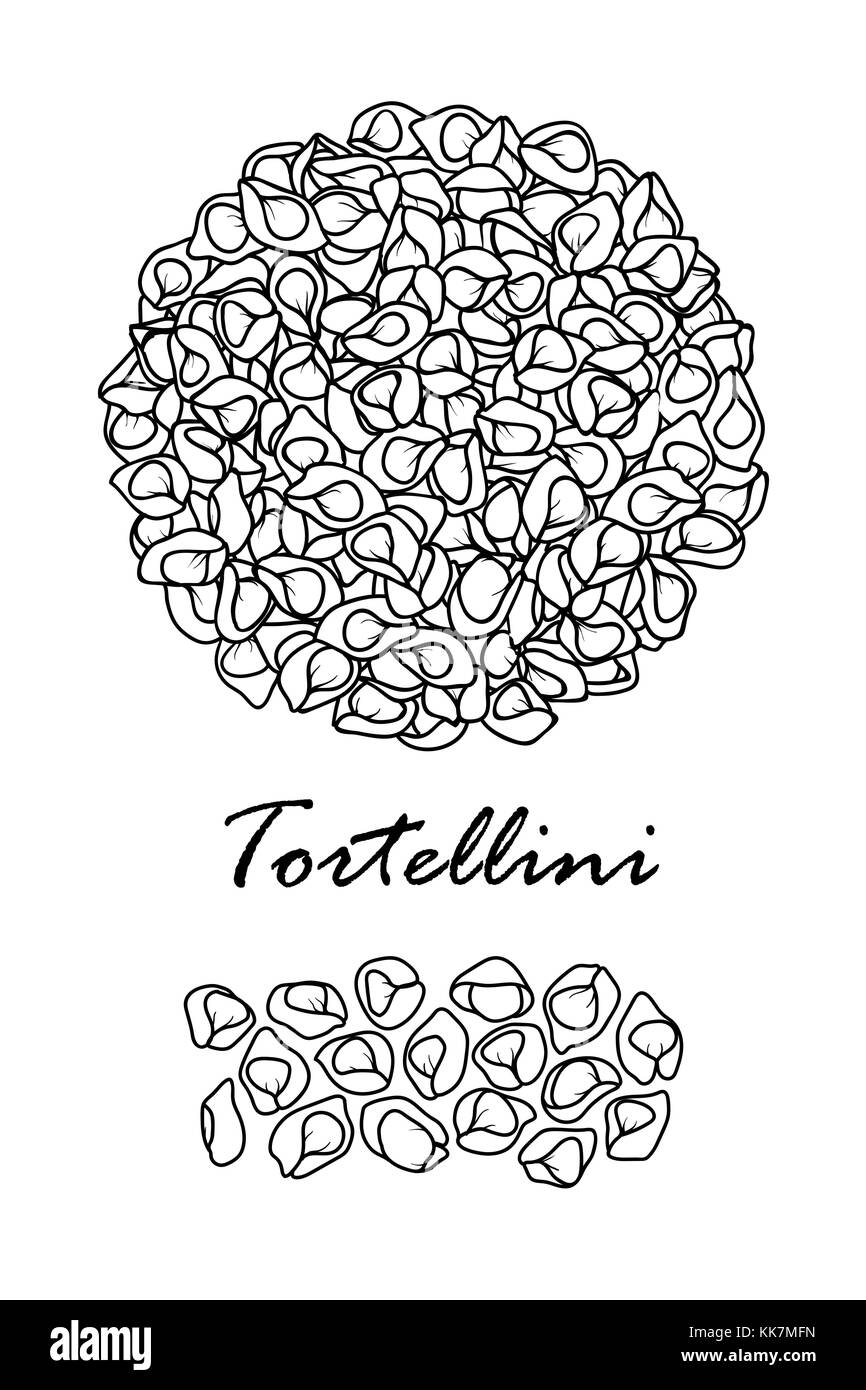 La conception de l'affiche pour les pâtes italiennes traditionnelles, tortellini au contour noir et blanc avion sur fond blanc. cute hand drawn vector illustration alimentaire Illustration de Vecteur
