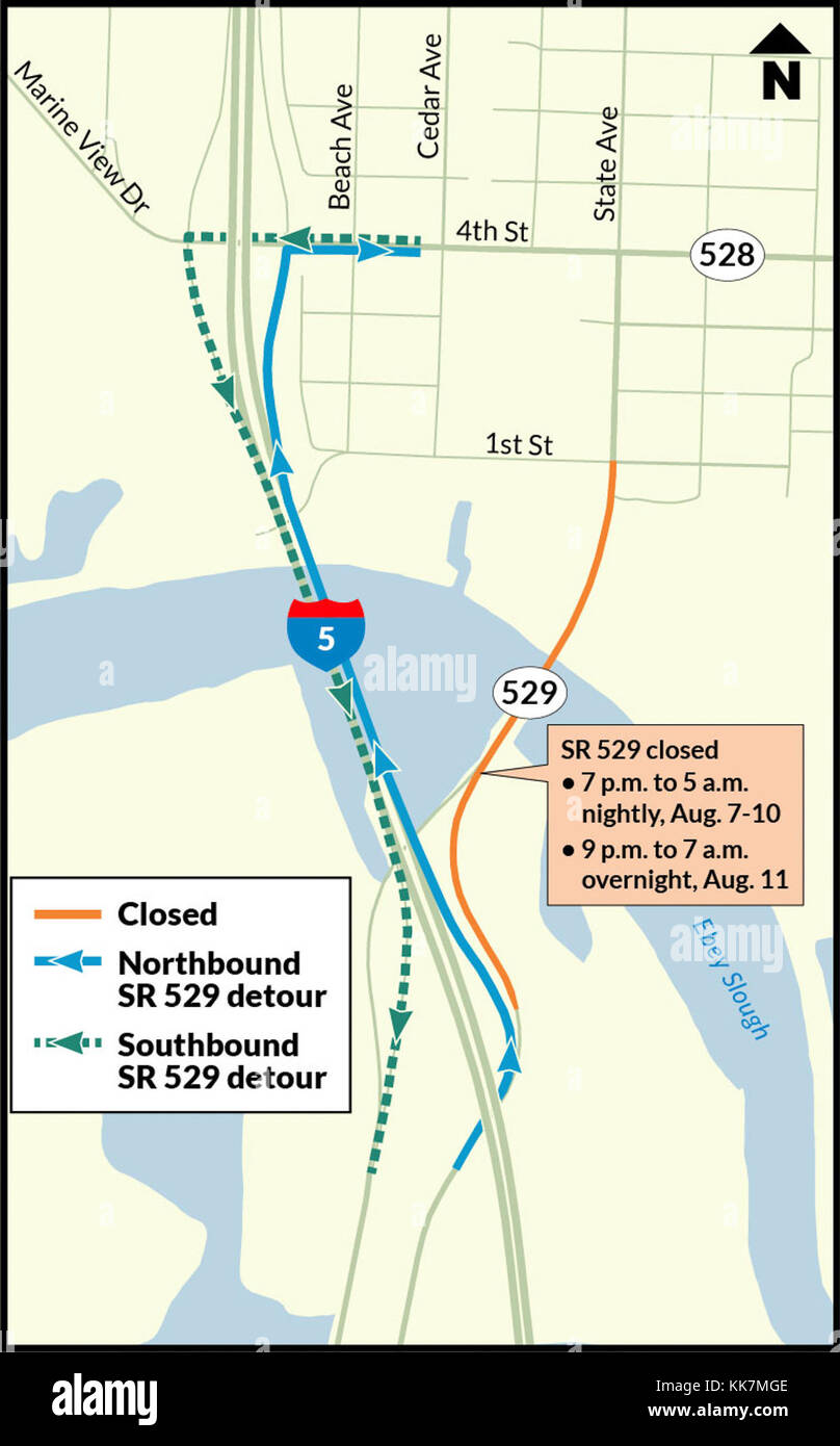 Itinéraire de détour pour les travaux de nivellement du béton d'août 2017 à Marysville. SR 529 carte de détour 36239569381 o Banque D'Images