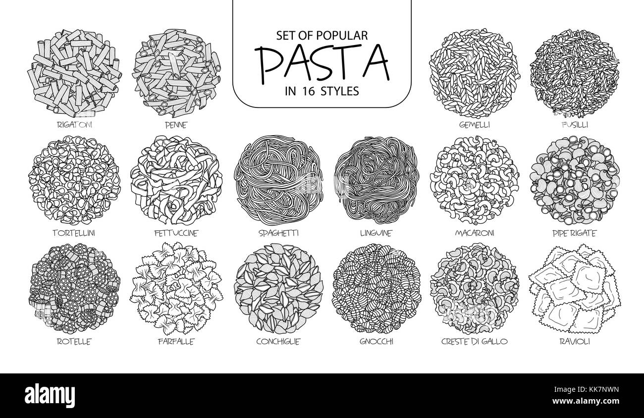 Ensemble de pâtes populaires isolés dans 16 styles. cute hand drawn vector illustration de la cuisine italienne dans contour noir et blanc avion sur fond blanc. Illustration de Vecteur