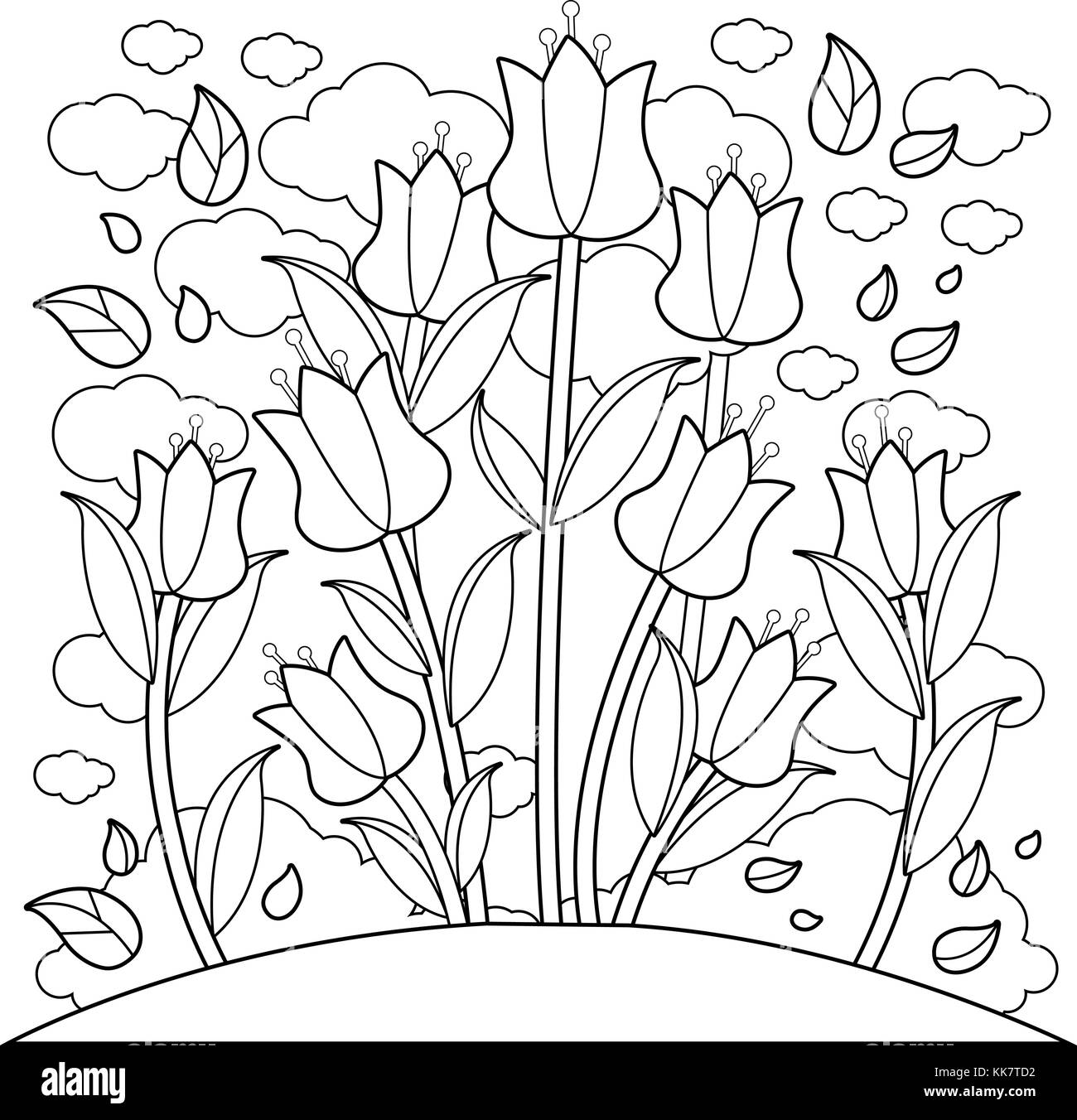 Prairie avec des fleurs tulipes. noir et blanc page de coloriage. Illustration de Vecteur