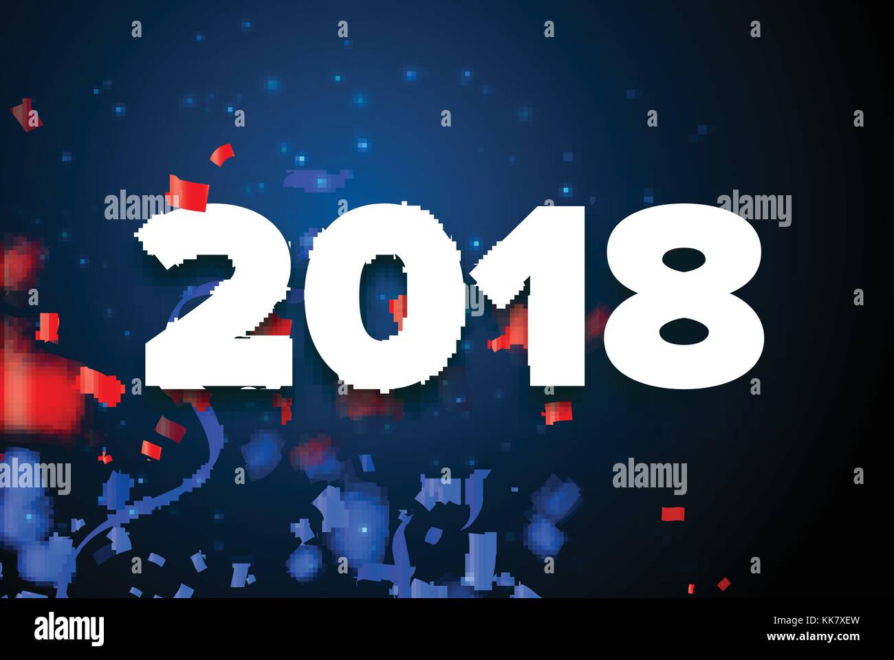 Vector 2018 bonne année rouge, bleu et blanc illustration avec des rubans et des confettis sur fond noir. Illustration de Vecteur
