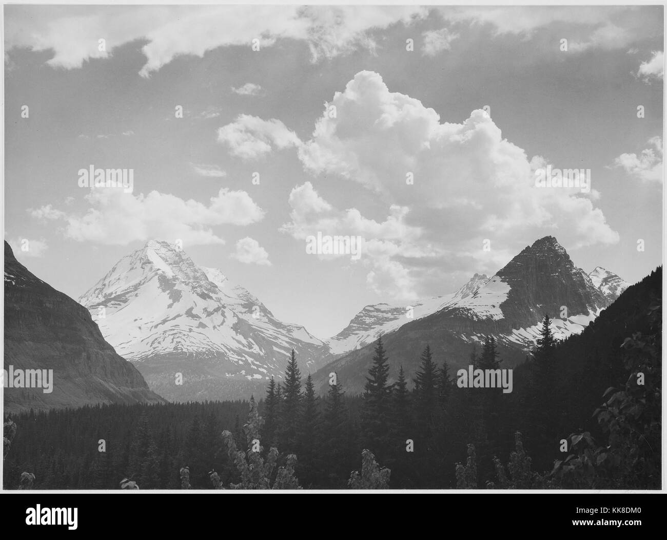Une photographie en noir et blanc des montagnes couvertes de neige dans le parc national des Glaciers, la vallée menant à la montagne est couverte par une forêt dense, l'image provient d'une série de photographies connu comme le projet mural par Ansel Adams, il a été commandé par le National Park Service en 1941 pour créer une fresque photographique pour le ministère de l'intérieur des capacités à Washington DC, le projet a pris fin en raison de la Seconde Guerre mondiale, le parc national des Glaciers a été créé en 1910, le parc se compose de plus d'un million d'acres de terre et est connu pour la diversité de l'écosystème et du terrain, du Montana, de l'unité Banque D'Images
