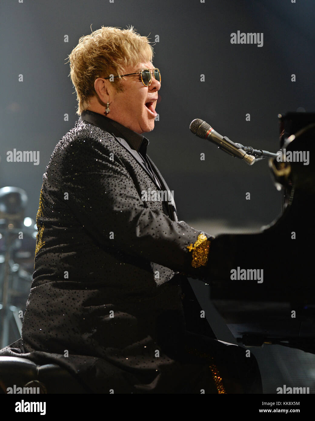 ESTERO FL - 09 MARS : Elton John participe à la merveilleuse tournée Crazy Night Tour à la Germain Arena. Sir Elton Hercules John, CBE est un chanteur, auteur-compositeur et compositeur anglais. Il travaille avec le parolier Bernie Taupin comme partenaire d'écriture depuis 1967 ; ils ont collaboré sur plus de 30 albums à ce jour le 9 mars 2016 à Estero, en Floride. Personnes : Elton John T. Banque D'Images