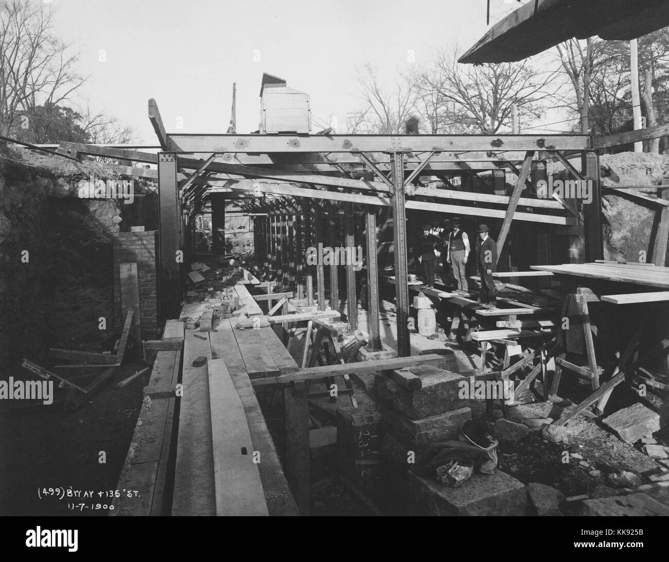 Photographie en noir et blanc d'hommes debout à un site de construction souterraine partiellement pour le New York City subway, sur Broadway et la 135e Rue, New York City, New York, 7 novembre 1900. À partir de la Bibliothèque publique de New York. Banque D'Images