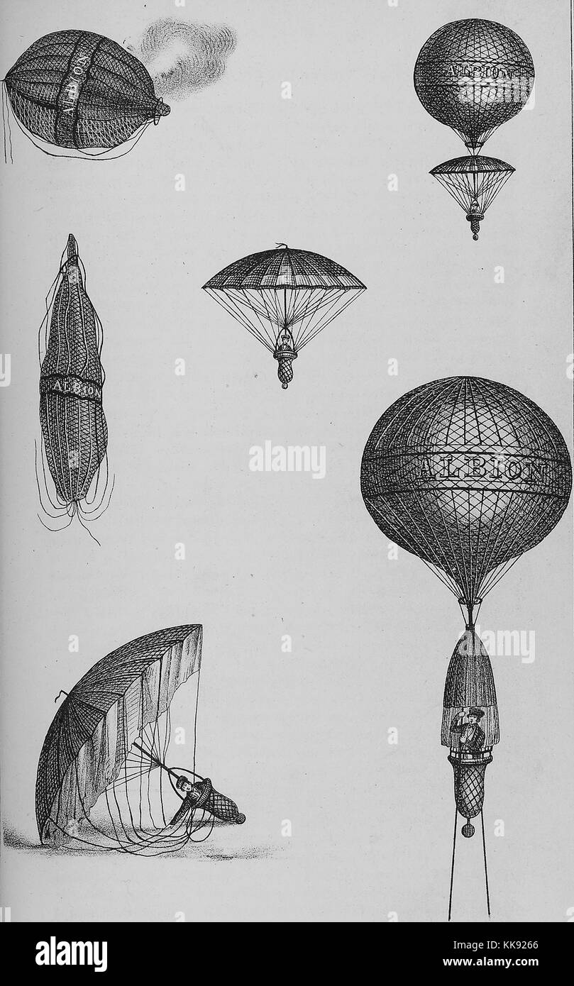 Une gravure illustrant différentes étapes d'un vol en ballon et la descente sous parachute, l'homme dans le panier est identifié comme M. Henson, il a lancé son ballon à partir de la maison à Cremorne Chelsea, Londres, Angleterre, 1850. À partir de la Bibliothèque publique de New York. Banque D'Images