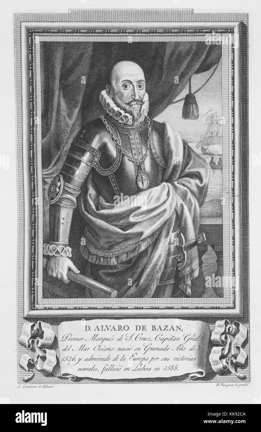 Gravure au à partir d'un portrait d'Alvaro de Bazan, 1er marquis de Santa Cruz de Mudela, il a occupé le rang de capitaine général de la mer et de l'amiral espagnol, les dossiers indiquent qu'il n'a pas expérimenté une seule défaite lors de ses 50 années de carrière militaire, le texte ci-dessous le portrait liste ses dates et lieux de naissance et de la mort, il parle aussi de l'admiration pour l'ensemble de l'Europe lui en raison de ses victoires navales, 1791. À partir de la Bibliothèque publique de New York. Banque D'Images