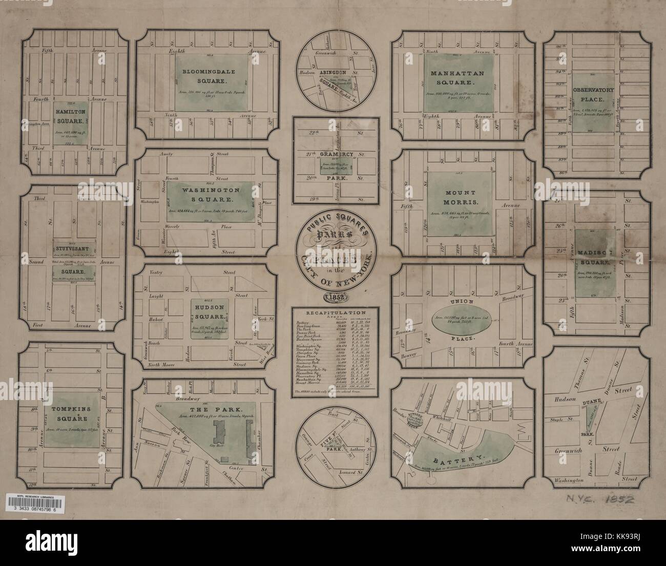 Carte gravée de l'image d'un atlas, avec légende originale à lire 'les places publiques, les parcs, et les lieux dans la ville de New York, New York City, New York, 1852. À partir de la Bibliothèque publique de New York. Banque D'Images