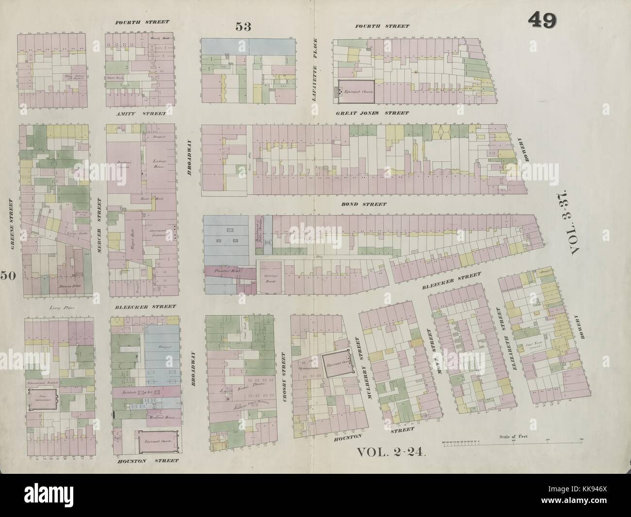 Carte gravée de l'image d'un atlas, avec légende originale plaque lire '49 : carte délimitée par la 4e Rue, Bowery, Houston Street, Green Street, New York City, New York, 1859. À partir de la Bibliothèque publique de New York. Banque D'Images