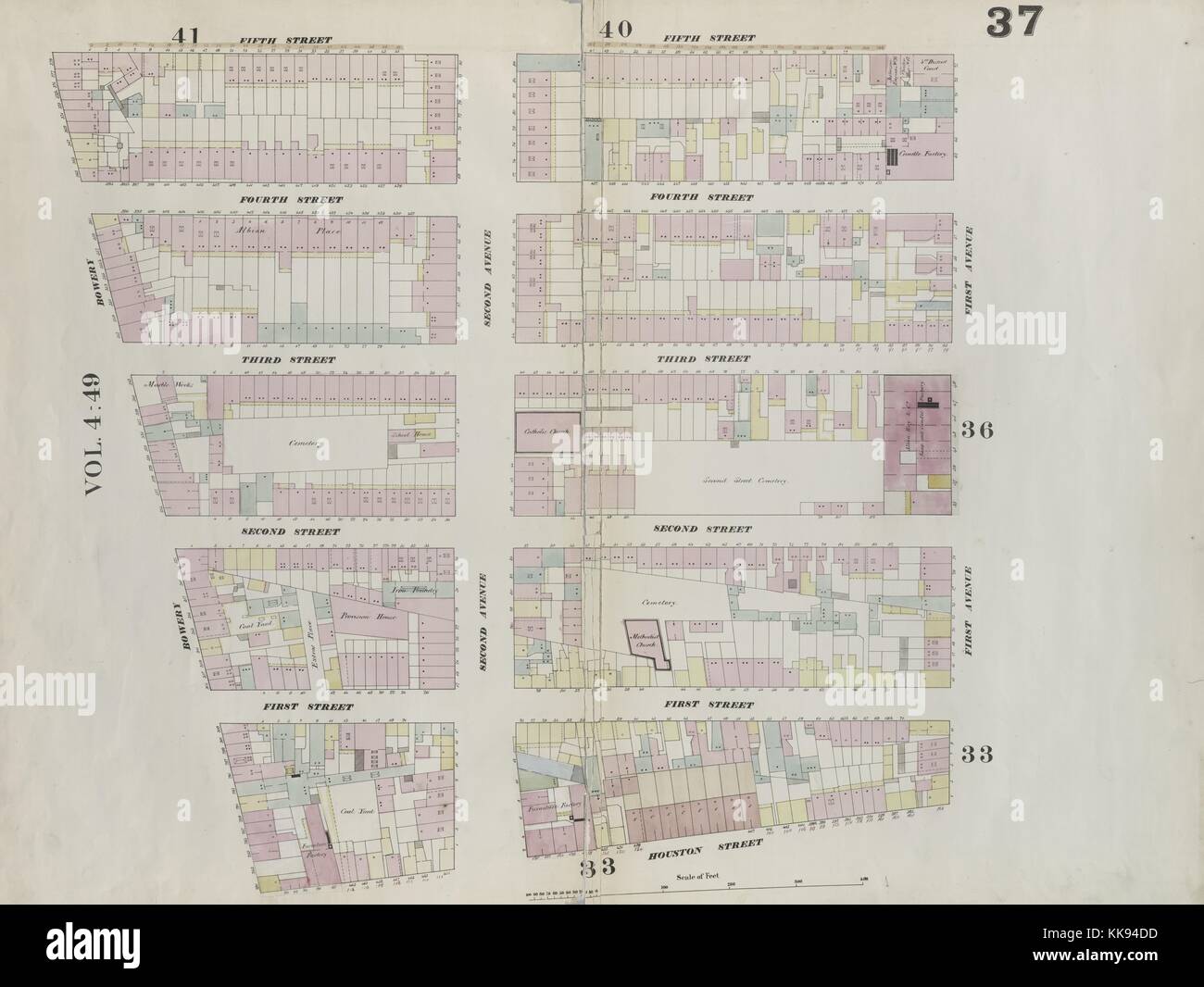 Carte gravée de l'image d'un atlas, avec légende originale plaque lire '37 : carte délimitée par la 5e Rue, la Première Avenue, Houston Street, The Bowery", New York City, New York, 1859. À partir de la Bibliothèque publique de New York. Banque D'Images