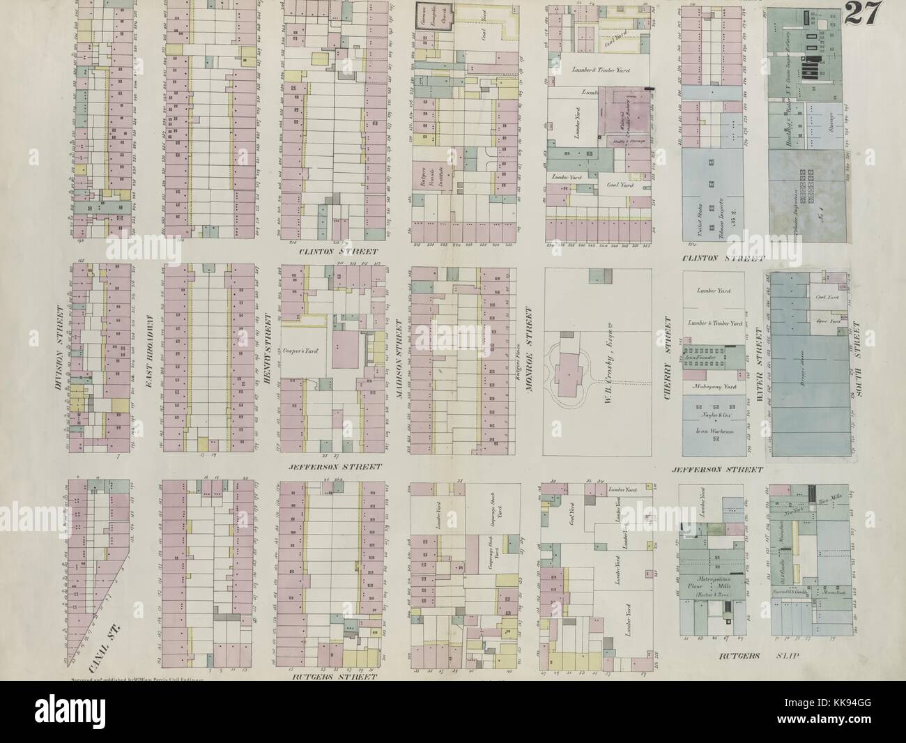 Carte gravée de l'image d'un atlas, avec légende originale plaque lire '27 : Carte délimité par la rue Division, Montgomery Street, South Street, Rutgers Street", New York City, New York, 1859. À partir de la Bibliothèque publique de New York. Banque D'Images