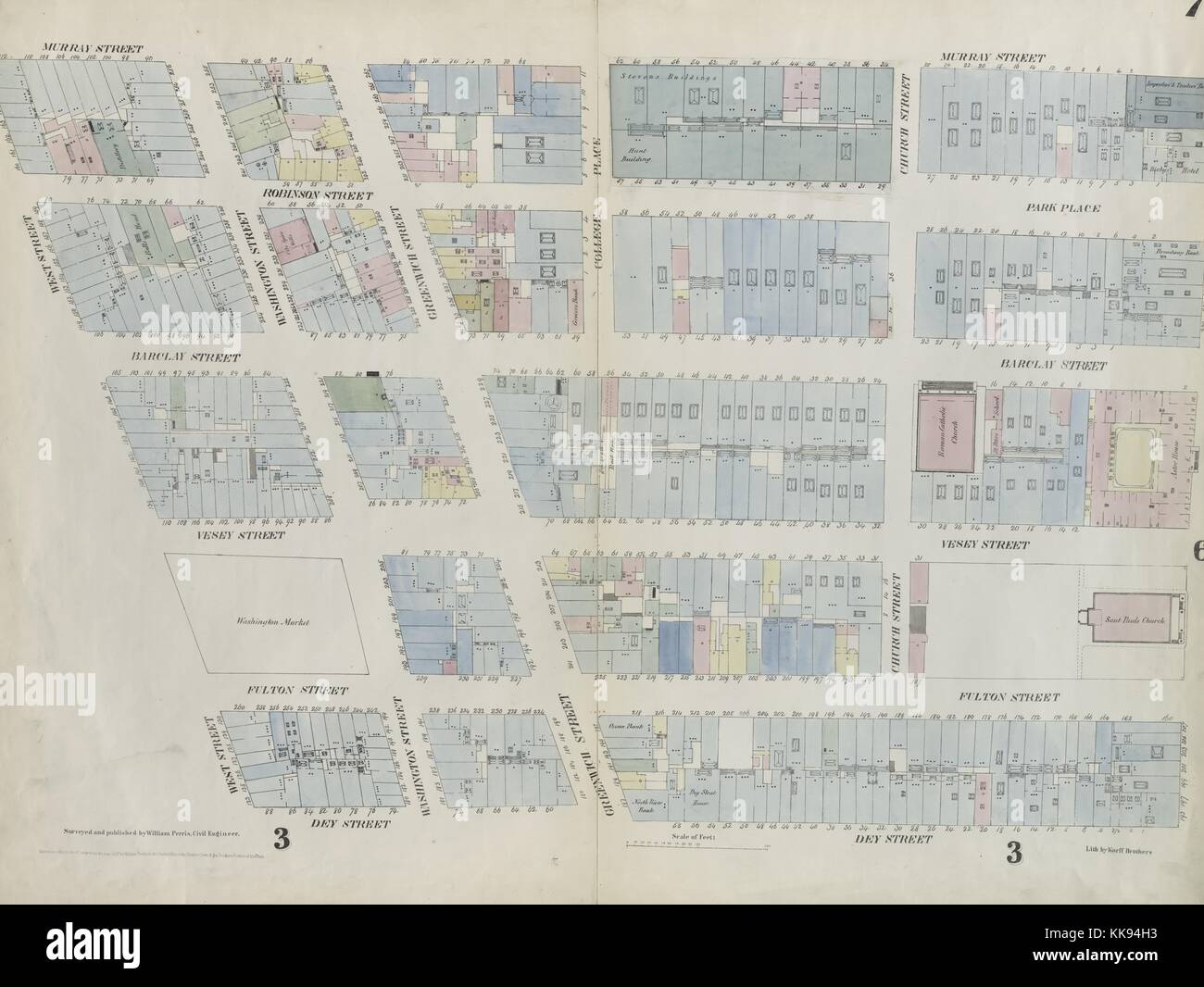 Carte gravée de l'image d'un atlas, avec légende originale lire '7 Plaque : Site délimité par Murray Street, Broadway, Dey Street, West Street, New York City, New York, 1859. À partir de la Bibliothèque publique de New York. Banque D'Images