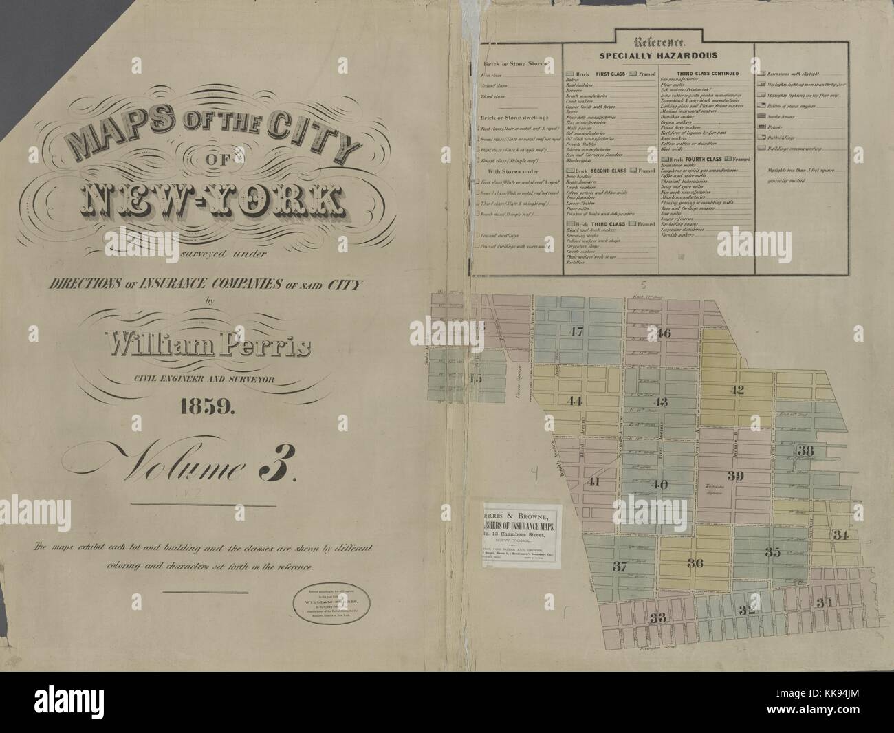 Carte gravée de l'image d'un atlas, avec légende originale 'lecture' la carte de l'indice de volume 3, New York City, New York, 1859. À partir de la Bibliothèque publique de New York. Banque D'Images