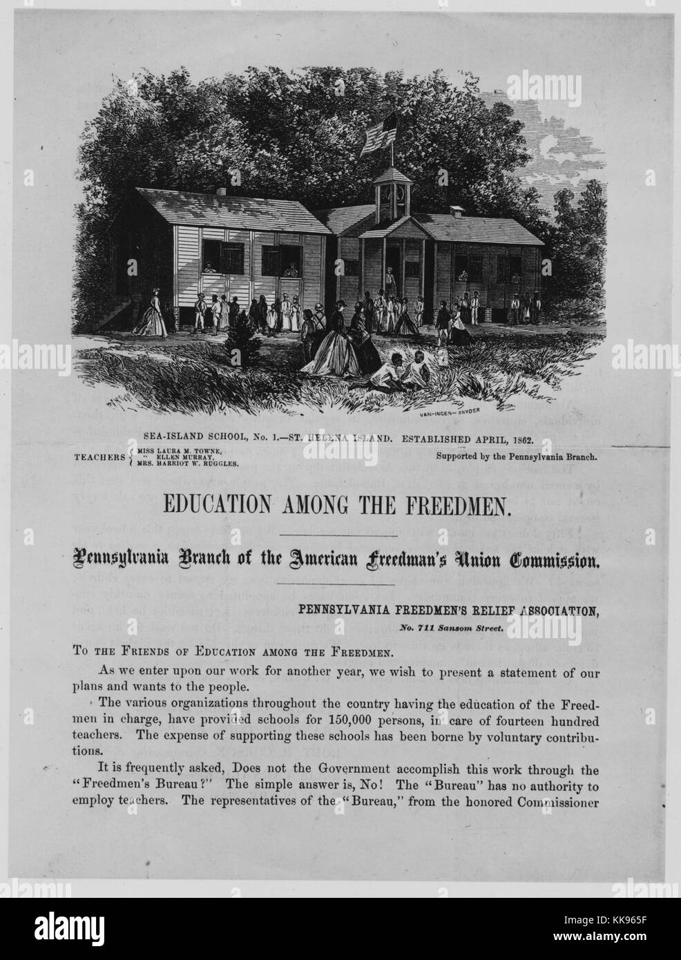 Brochure imprimée avec une illustration d'une école, intitulé "L'éducation parmi les personnes libérées, New York Branch of the American Freedman, 1865 Commission de l'Union'. À partir de la Bibliothèque publique de New York. Banque D'Images