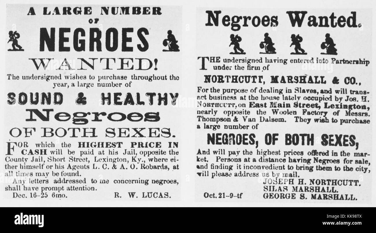 Deux affiches d'esclaves de la publicité des entreprises, les deux affiches affirment qu'ils vont payer le prix de marché pour les esclaves amenés à leurs installations d'attente et qu'ils sont à la recherche d'esclaves des deux sexes, ils ont aussi tous les deux endroits la liste de leurs têtes d'esclaves et les noms des hommes, vous trouverez y travaillent, Lexington, Kentucky, 1859. À partir de la Bibliothèque publique de New York. Banque D'Images