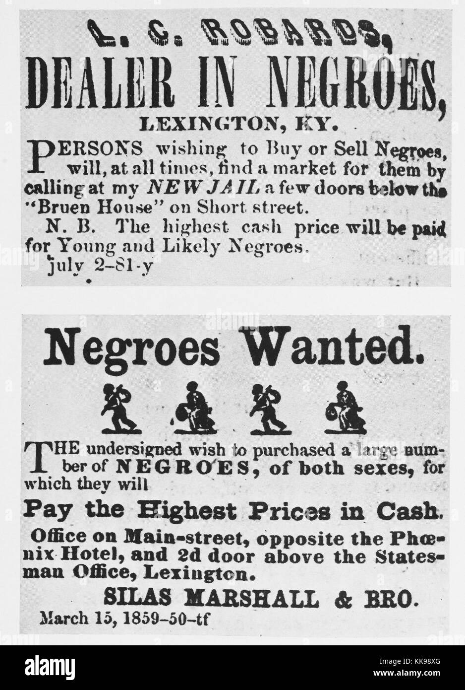 Deux affiches publicité les services des marchands d'esclaves, l'affiche en haut de la publicité les services de L.C. Robards et le fond est pour Silas Marshall et Bro, tous deux affirment qu'ils vont payer les montants les plus élevés pour les esclaves et la liste des endroits de leurs bureaux et esclave stylos, Lexington, Kentucky, 1940. À partir de la Bibliothèque publique de New York. Banque D'Images