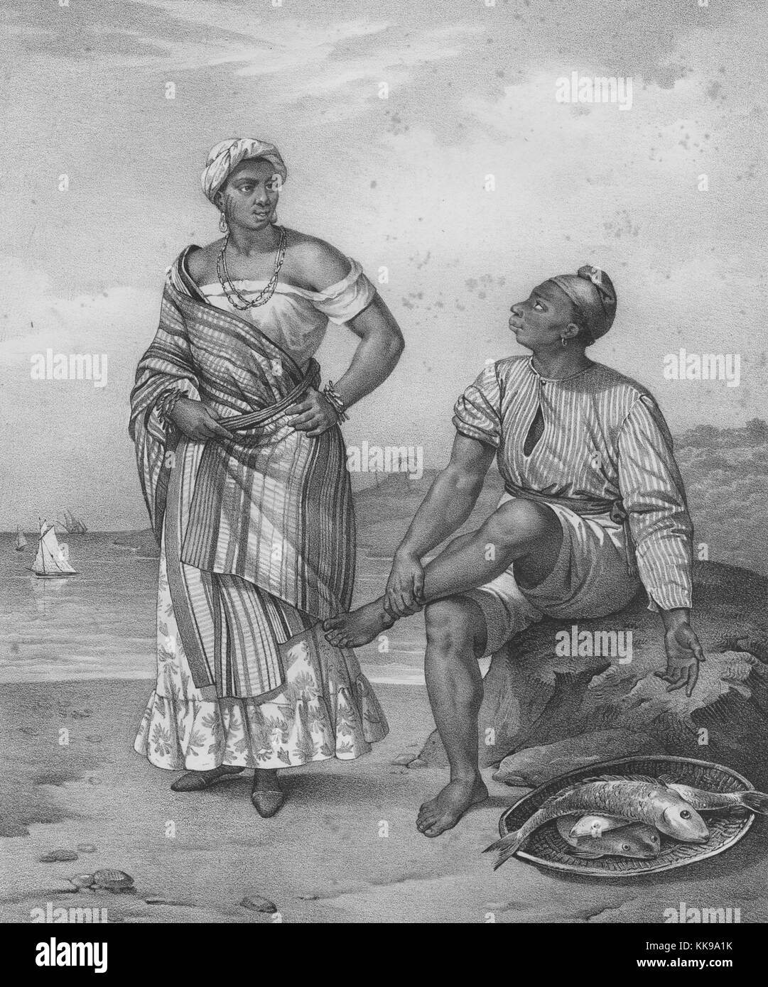 Une gravure d'après une peinture d'un homme et une femme sur le bord d'une baie, la femme se tient debout et portant une chemise blanche avec une jupe à motifs et châle, elle dispose également d'une lumière colorée head wrap, l'homme est assis et dispose également d'un enveloppement de la tête, il porte une chemise à motifs et des chemises, il est fait signe vers un panier de poisson qui pond sur le sol, un bateau peut être vu sur l'eau dans la baie, 1835. À partir de la Bibliothèque publique de New York. Banque D'Images