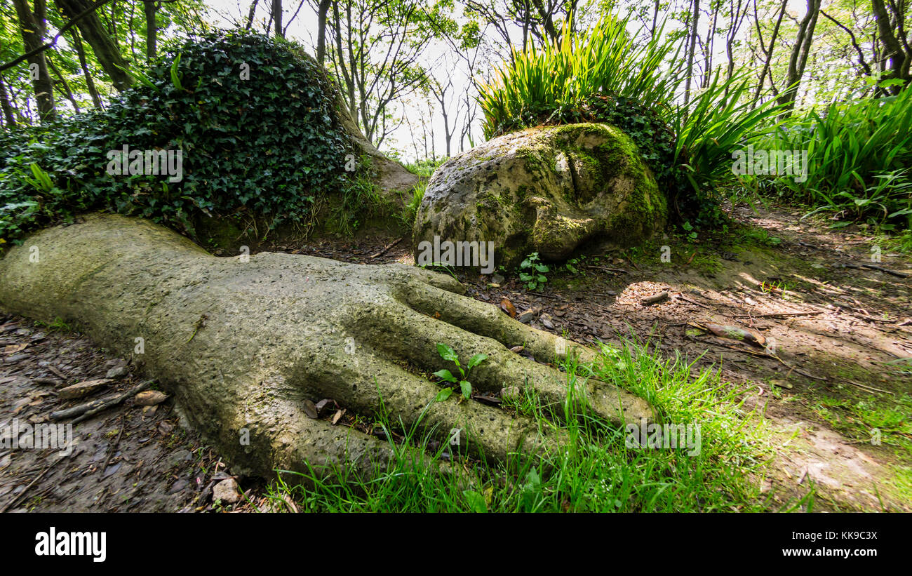 La boue de l'usine de ménage et rock sculpture aux jardins perdus de heligan, Cornwall, Angleterre, Royaume-Uni, Europe Banque D'Images