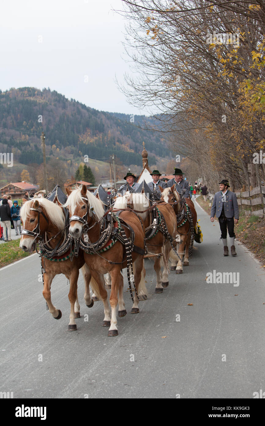 Schliersee, Bavaria - 5 novembre, 2017 : chaque année le 1er dimanche de novembre, le cheval idyllique procession, nommé leonhardi à schliersee Bavière Banque D'Images