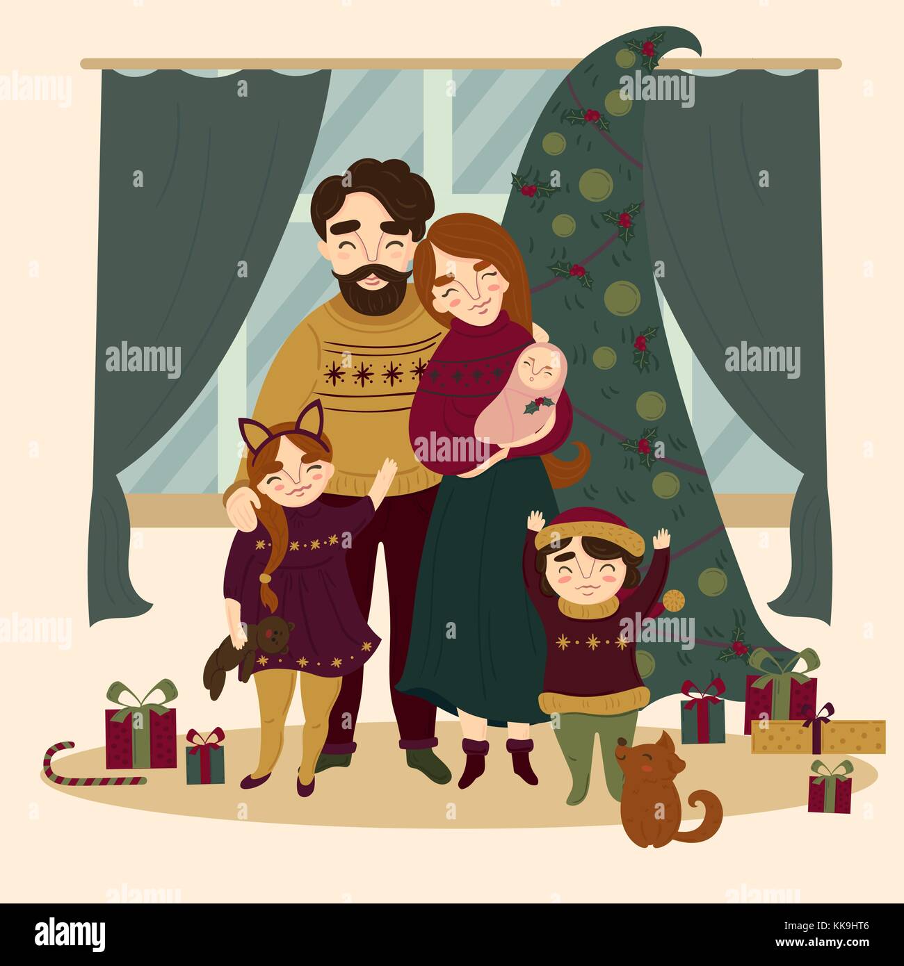 Famille à Noël, debout près de l'arbre de Noël Illustration de Vecteur