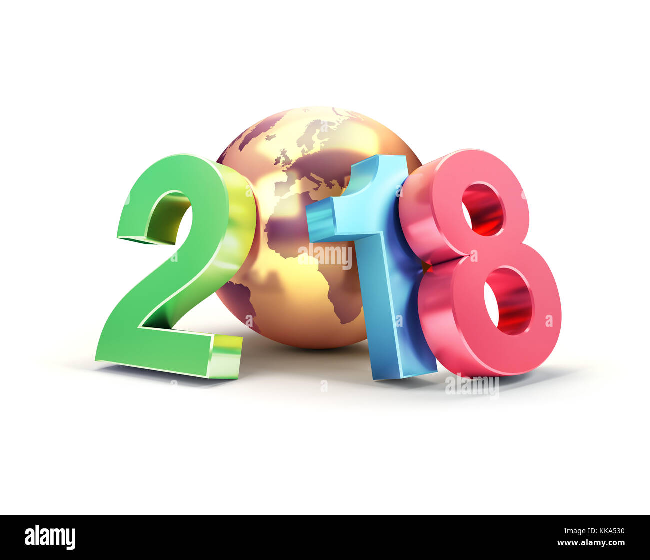 Date de l'an 2018 en couleur, composé d'une planète terre d'or, isolé sur blanc - 3D illustration Banque D'Images