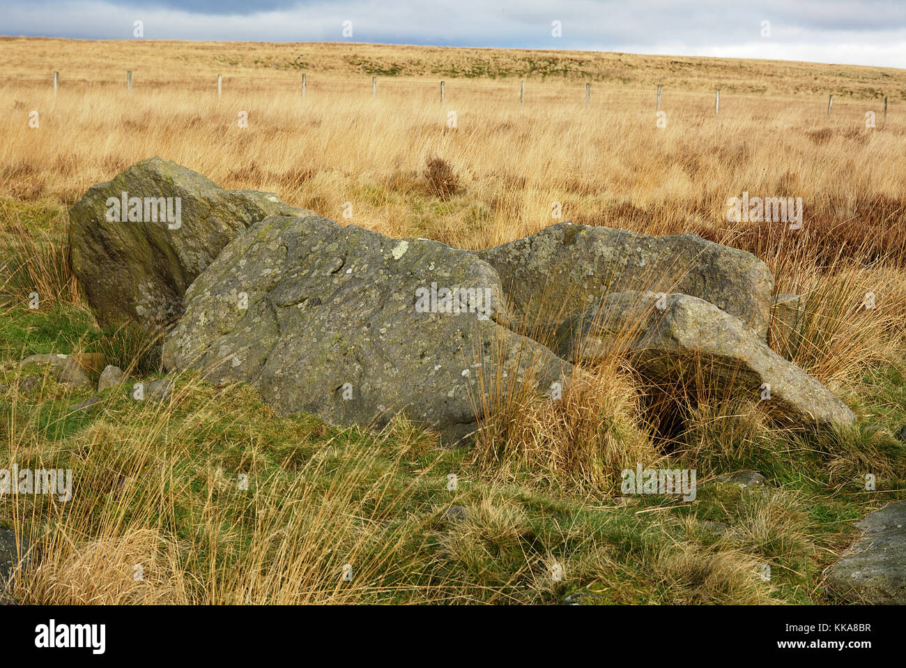 Le brochet de pierres. Un ancien site d'enfouissement sur l'Ouest Pennine Moors. Banque D'Images