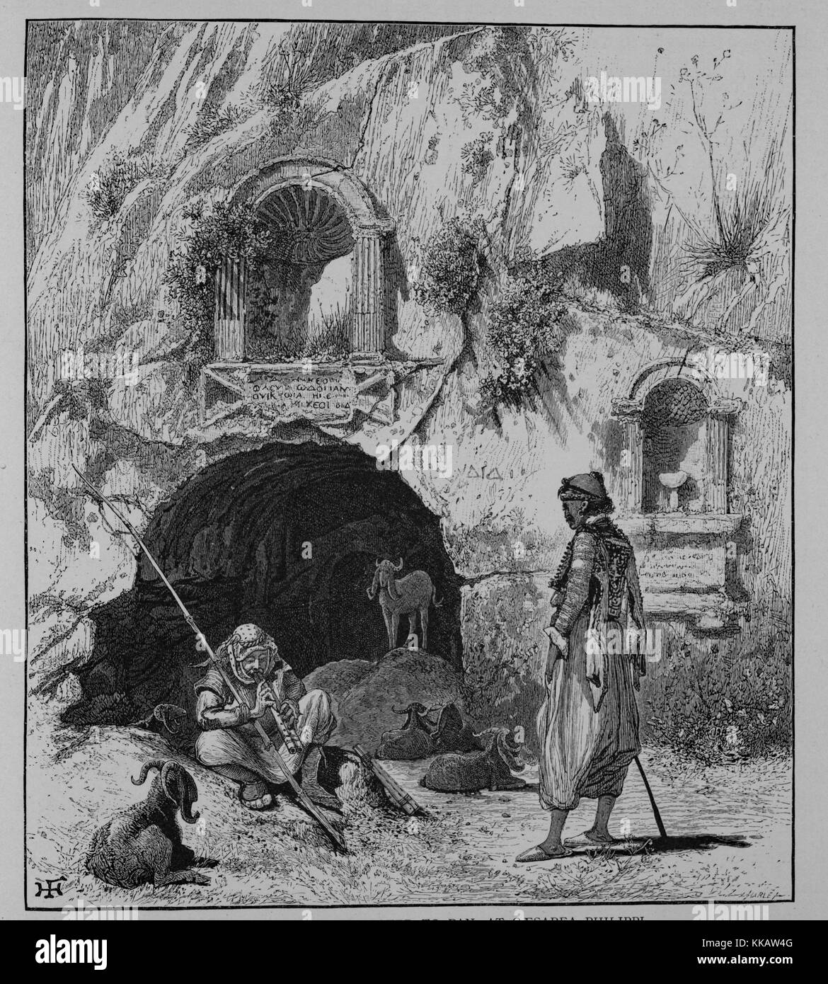 Une gravure représentant un paysan jouant double-reed Pandean assis pendant que ses tuyaux moutons paissent près d'une caverne à Césarée de Philippe, les niches sculptées taillées dans la face de la falaise sont dédiés à Pan, situé dans les hauteurs du Golan, Israël, 1882. À partir de la Bibliothèque publique de New York. Banque D'Images