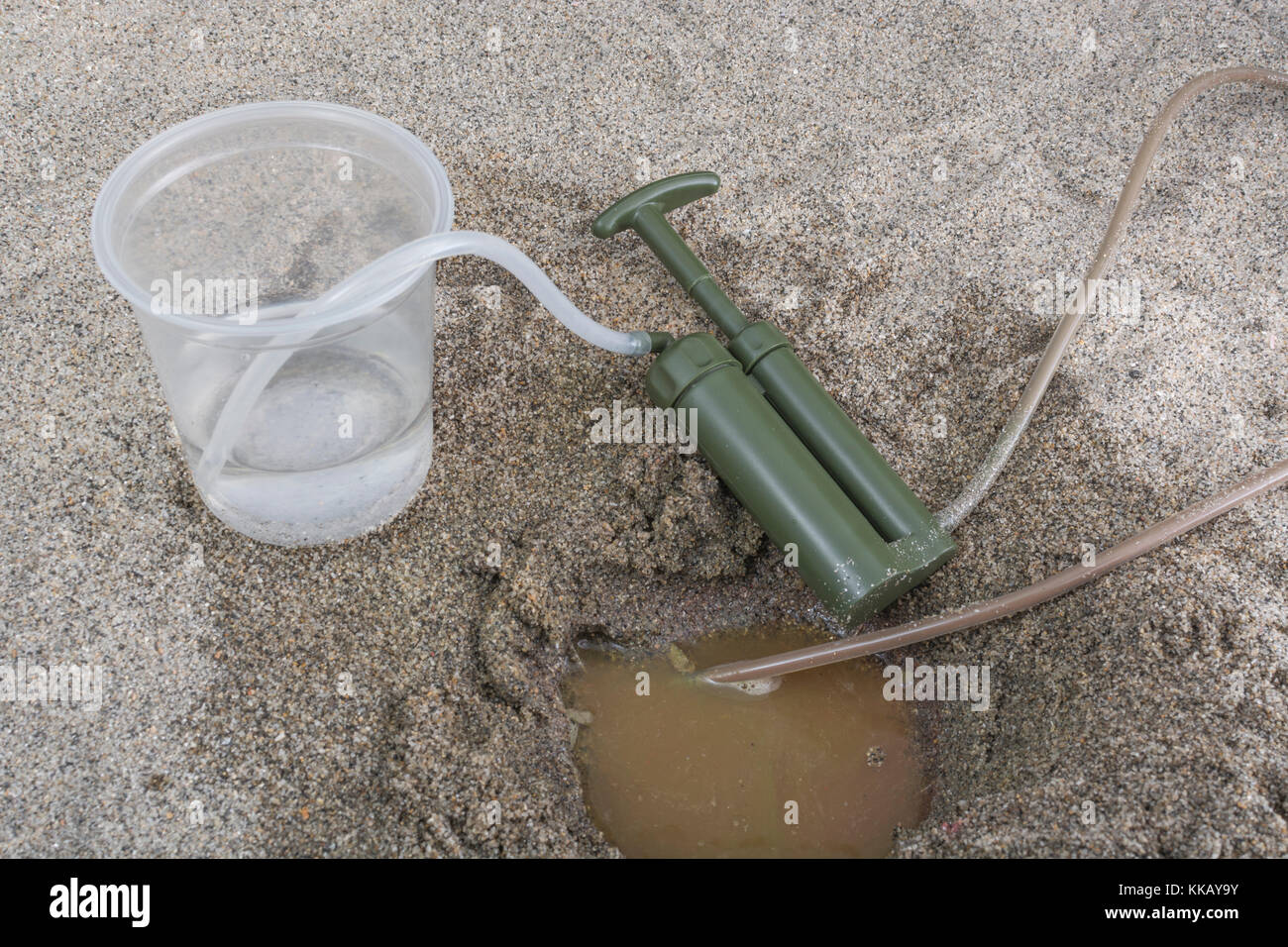 La purification de l'eau dans la pompe personnelle environnement de sable. Métaphore de la survie survie / désert. Le concept derrière les lignes ennemies, la récupération de l'eau. Banque D'Images
