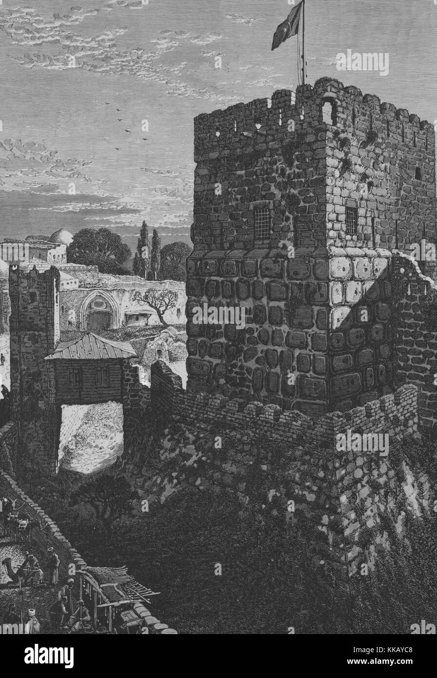 Une gravure représentant la Tour de David, il est également connu comme la citadelle de Jérusalem, un pont peut être vu le pas sur les douves qui entoure la structure, il est construit sur le site d'autres anciennes fortifications datant du 1er siècle, il a été le site de nombreux conflits au cours des siècles et construit en grande partie sur par les croisés pour protéger les chrétiens le chemin à Jaffa, les jardins du monastère arménien et la caserne turque peut être vu dans l'arrière-plan, Jérusalem, 1882. À partir de la Bibliothèque publique de New York. Banque D'Images