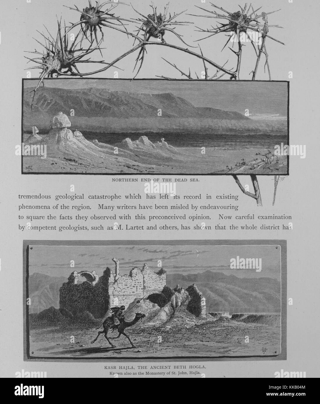 Deux gravures sur bois sur une page, l'un haut représentant un port avec des dunes et colline en arrière-plan, titré 'Extrémité Nord de la mer Morte", l'un fond représentant un homme sur un chameau dans le désert, des vestiges de pierre dans l'arrière-plan, sous-titrées "Hajla, l'ancienne rue Kasr Beth Hogla', du livre "La Palestine, le Sinaï, pittoresque et de l'Égypte', par Sir Charles William Wilson, 1882. À partir de la Bibliothèque publique de New York. Banque D'Images