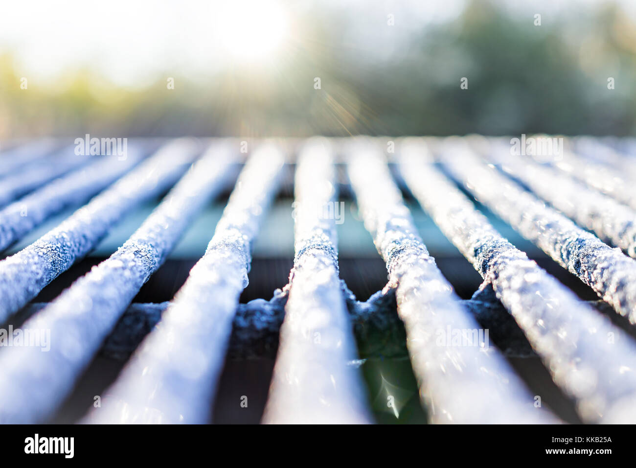 Le givre blanc Cristaux à grille métallique à l'extérieur dans la lumière du soleil du matin avec gros plan macro bokeh pétillant brillant Banque D'Images