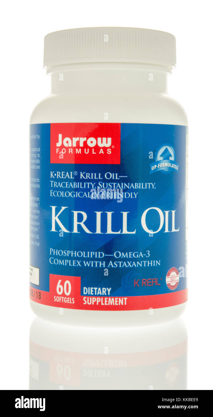 Winneconne, WISCONSIN - 28 novembre 2017 : une bouteille d'huile de krill de Jurow formules sur un fond isolé. Banque D'Images