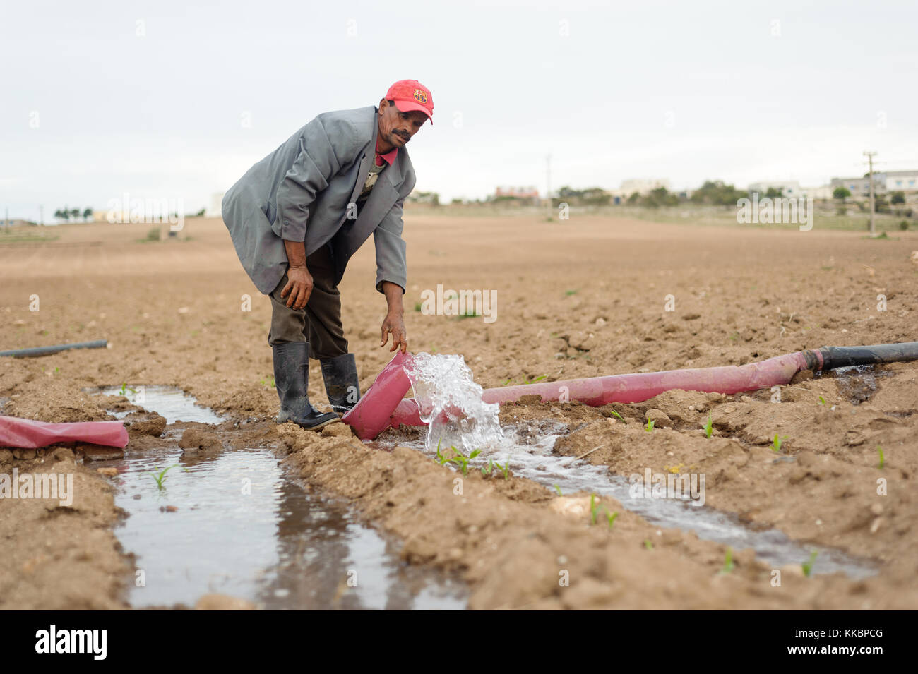 Vieil homme relâchant de l'eau d'irrigation traditionnelle Banque D'Images