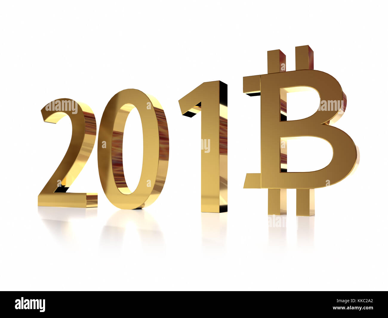 Le rendu 3D de la nouvelle année 2018 avec date de huit chiffres, remplacé par le symbole de bitcoin sur fond blanc Banque D'Images