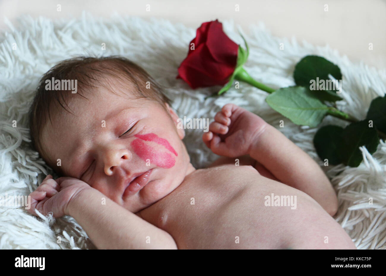 Portrait of cute baby dormir avec kiss marque sur le visage et rose rouge sur l'arrière-plan. Banque D'Images