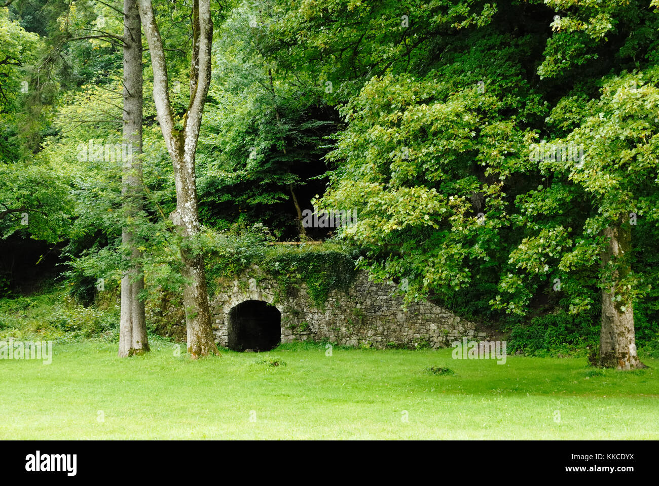 Fin du xixe début xxe siècle moellons de calcaire dans des fours à bois, parc boisé, Parkmill Gower, Pays de Galles, Royaume-Uni. Banque D'Images
