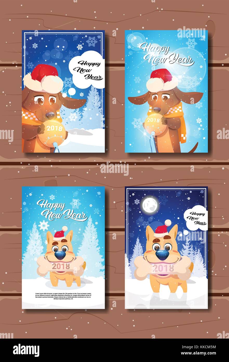 Ensemble de bonne année cartes de voeux avec cute chiens sur fond texturé en bois Illustration de Vecteur